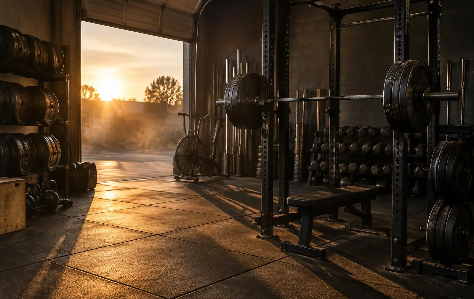 Squat rack loaded with a barbell in a private training gym at sunrise, roll-up door open to the light