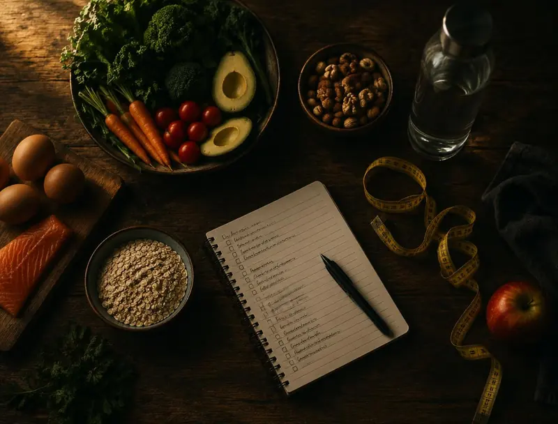Overhead view of vegetables, eggs, salmon, oats, a water bottle and a handwritten notebook on a dark wood table